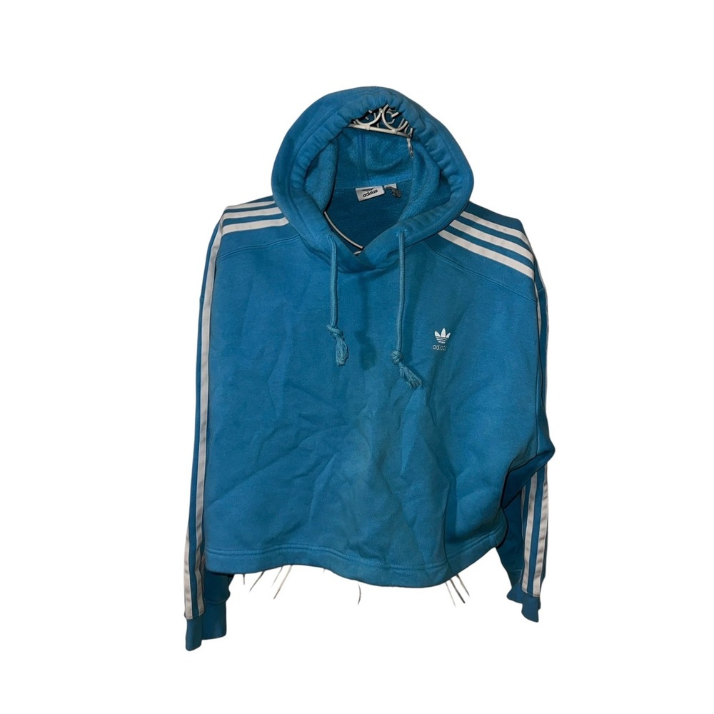 CUTE Adidas Originals Womens Blue Cropped Hoodie Trefoil 3-Stripe Fleece Large